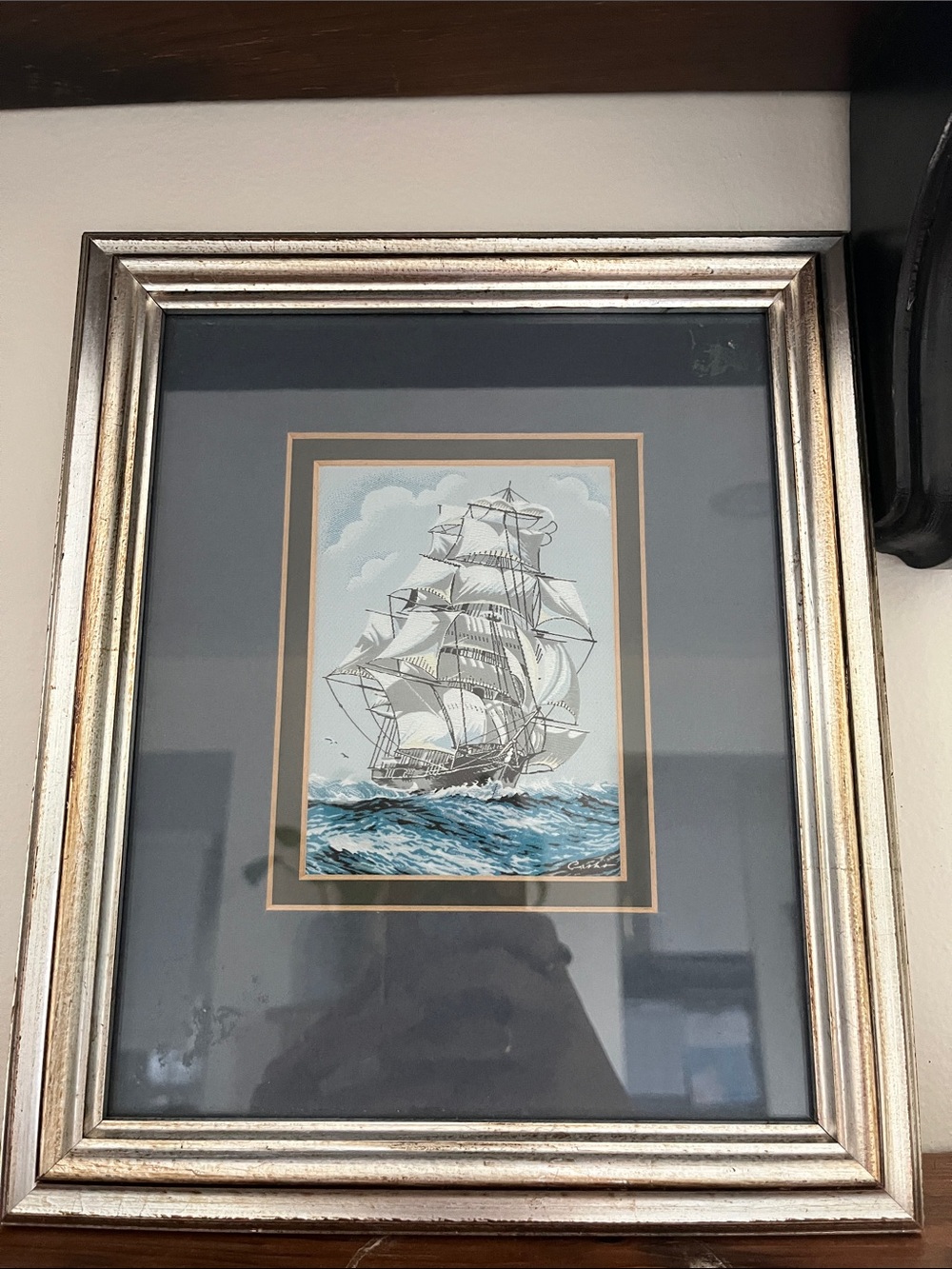 Vintage Framed Nautical Sailing Ship Print - Blue and White